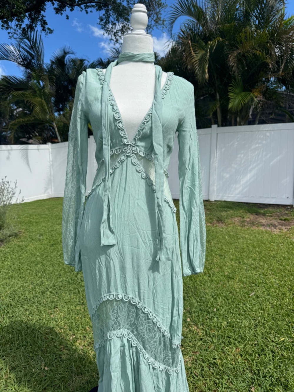 Free People x Love & Lemons Mint Green Lace-Trim Maxi Dress